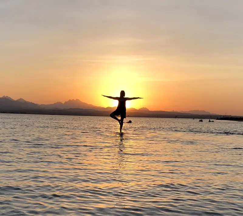 Meer und Sonnenuntergang Yoga Baum